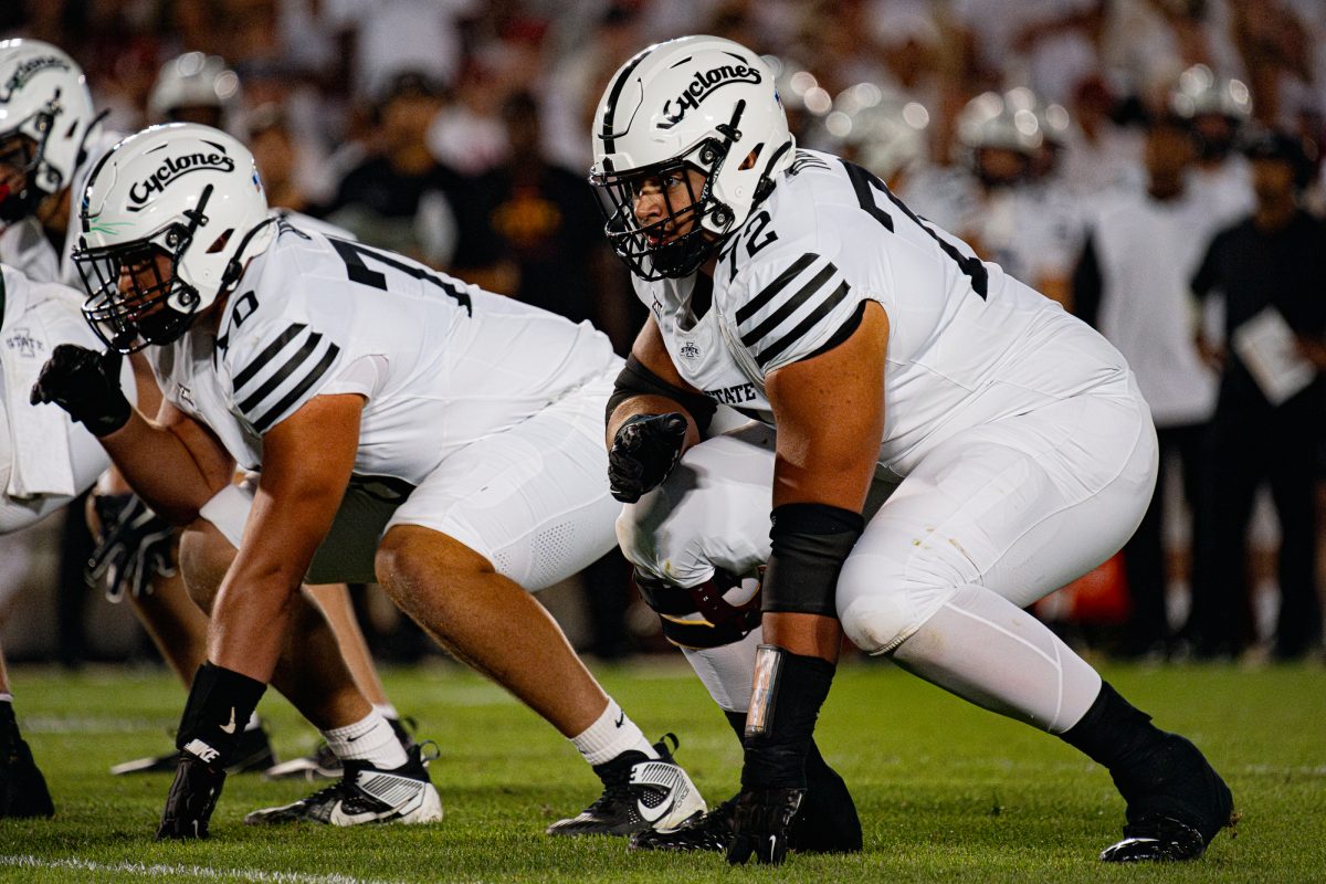 Iowa State LB Jalen Travis (72) squats in position at the line during the Iowa State vs. Baylor football game on Oct. 5, 2024, in Jack Trice Stadium.