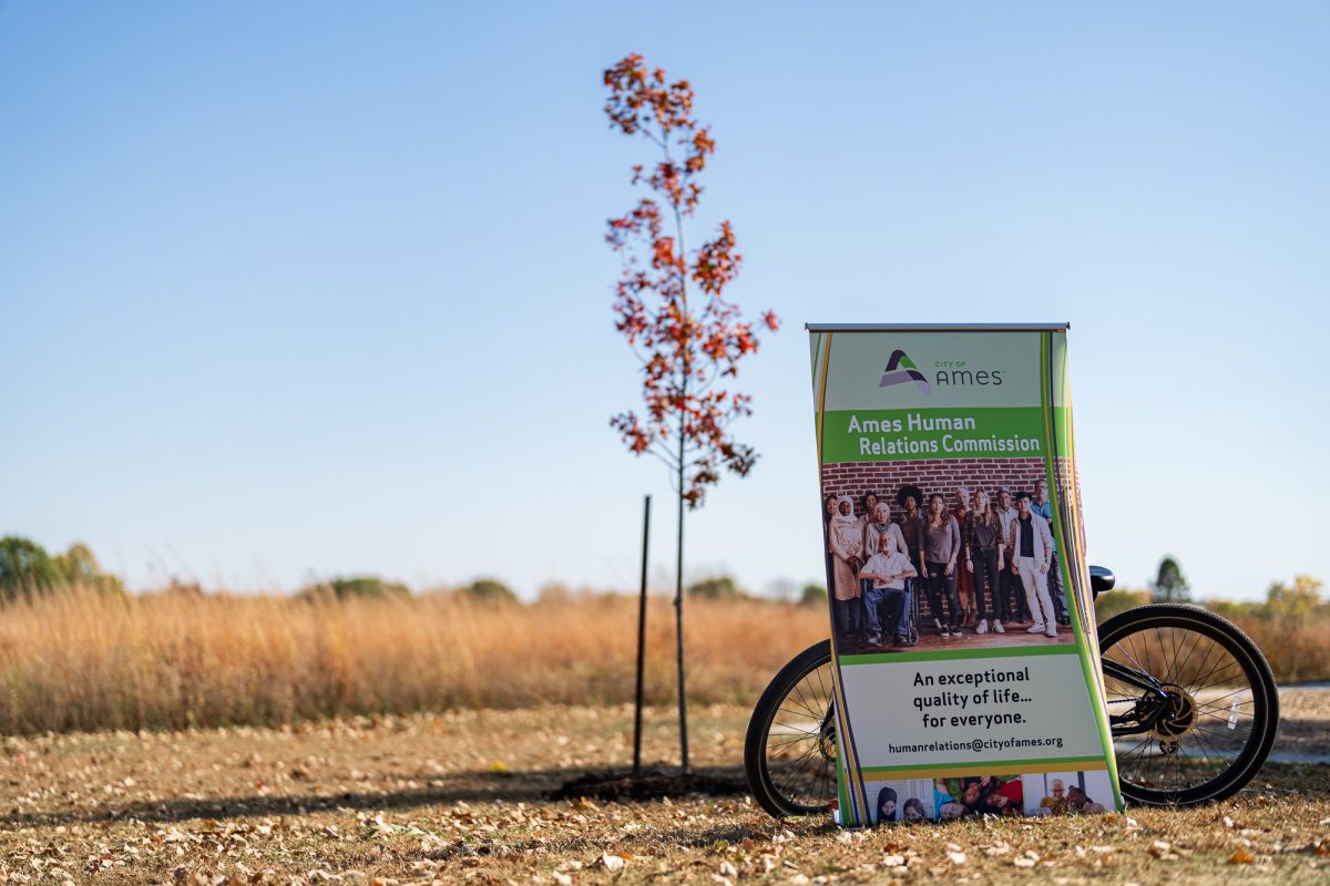 Ames Human Relations Commission (AHRC) branded backdrop for the AHRC 50th Anniversary Celebration, Moore Memorial Park, Oct. 20, 2024.