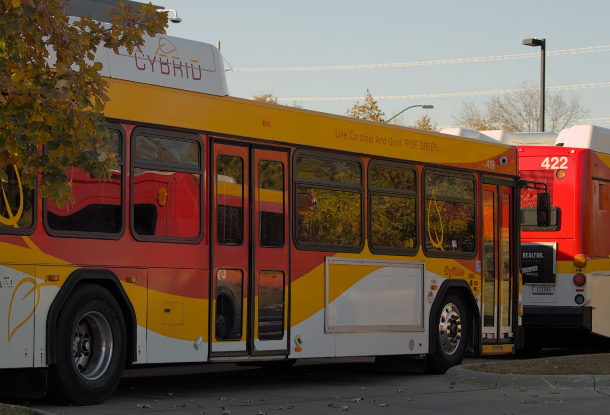 Cybrid buses parked at CyRide facility at 601 N University Blvd, Ames, Oct. 20, 2024.