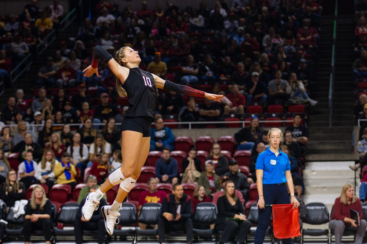 Rachel Van Gorp (10) goes up for a serve during the Iowa State vs. Kansas State University volleyball game at Hilton Coliseum on Oct. 27, 2024. 