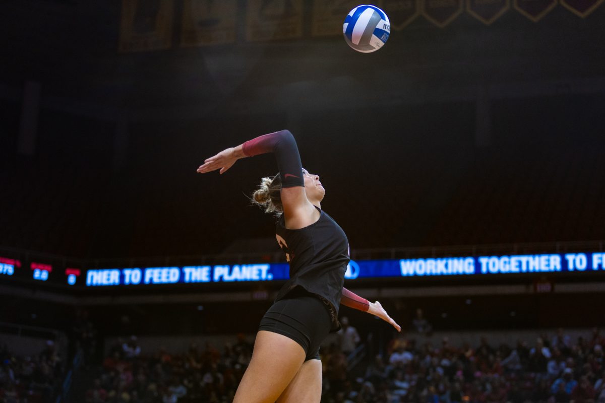 Tierney Jackson (3) hits the ball during the Iowa State vs. Kansas State University volleyball game at Hilton Coliseum on Oct. 27, 2024. 