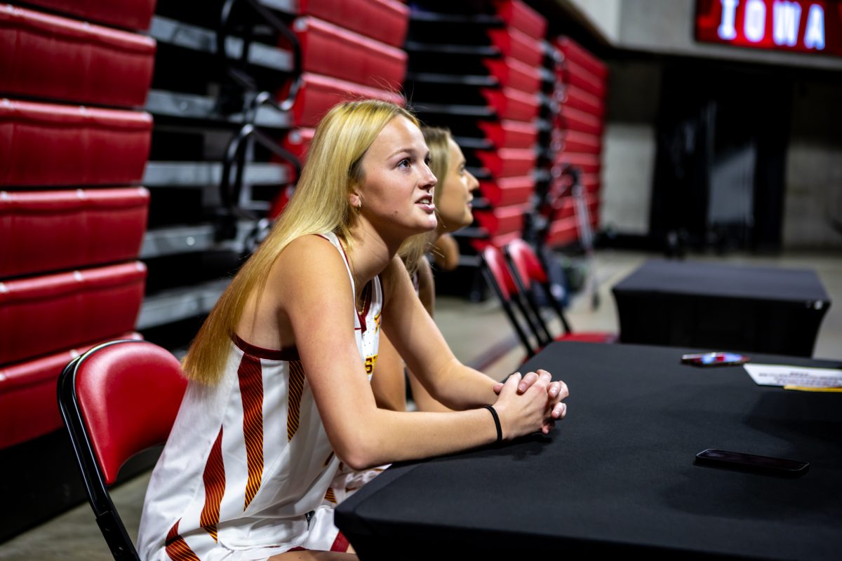 Lily Hansford (6) speaks to media during Iowa State Women's basketball media day at Hilton Coliseum on Oct. 8, 2024.