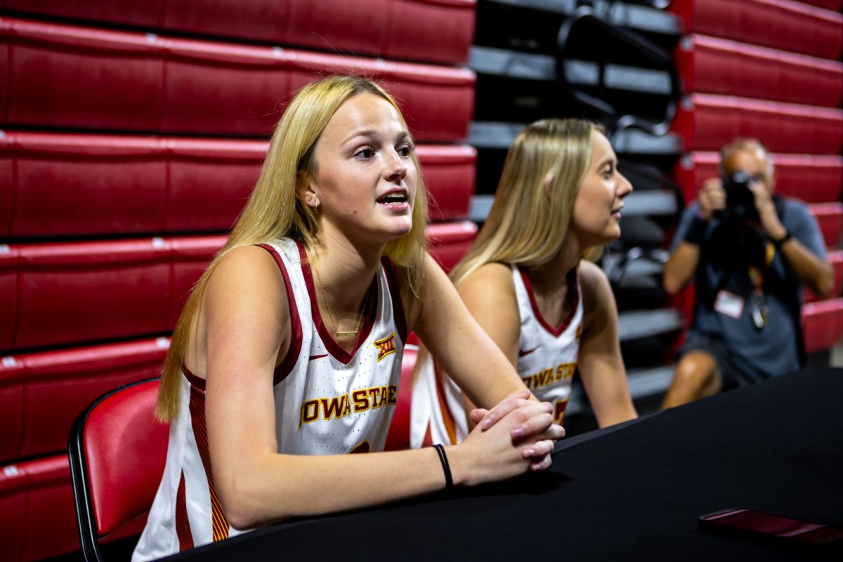 Lily Hansford (6) speaks to media during Iowa State Women's basketball media day at Hilton Coliseum on Oct. 8, 2024.