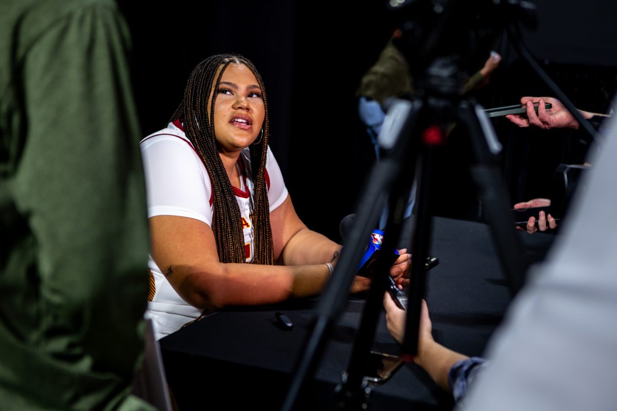 Audi Crooks (55) speaks to media during Iowa State Women's basketball media day at Hilton Coliseum on Oct. 8, 2024.