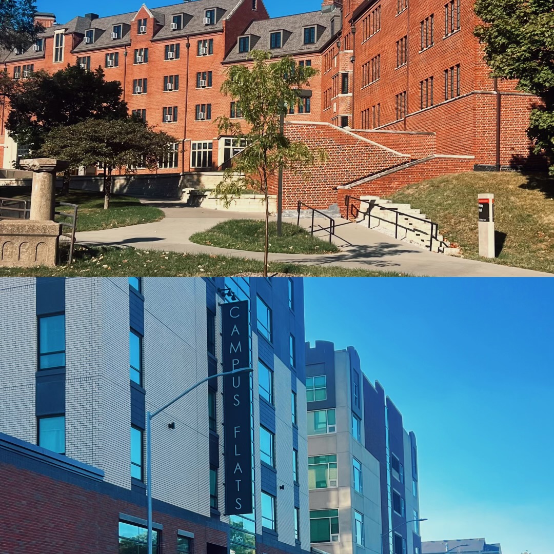 A collage image of Friley Hall dorm building and Campus Flats apartment building, Oct 6, 2024.