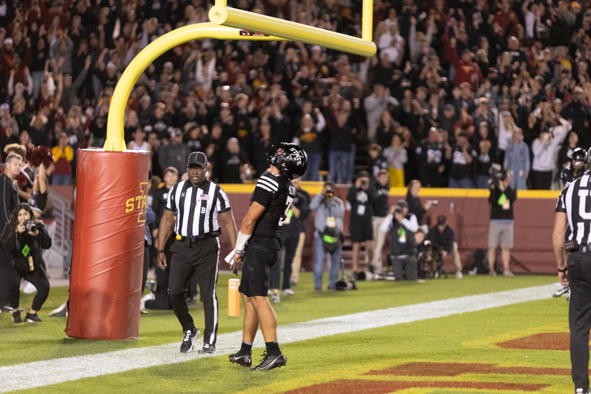 Rocco Becht (3) celebrates after scoring a touchdown in the last minutes of the game against the University of Central Florida at Jack Trice Stadium, Ames, Iowa, Oct. 19, 2024.