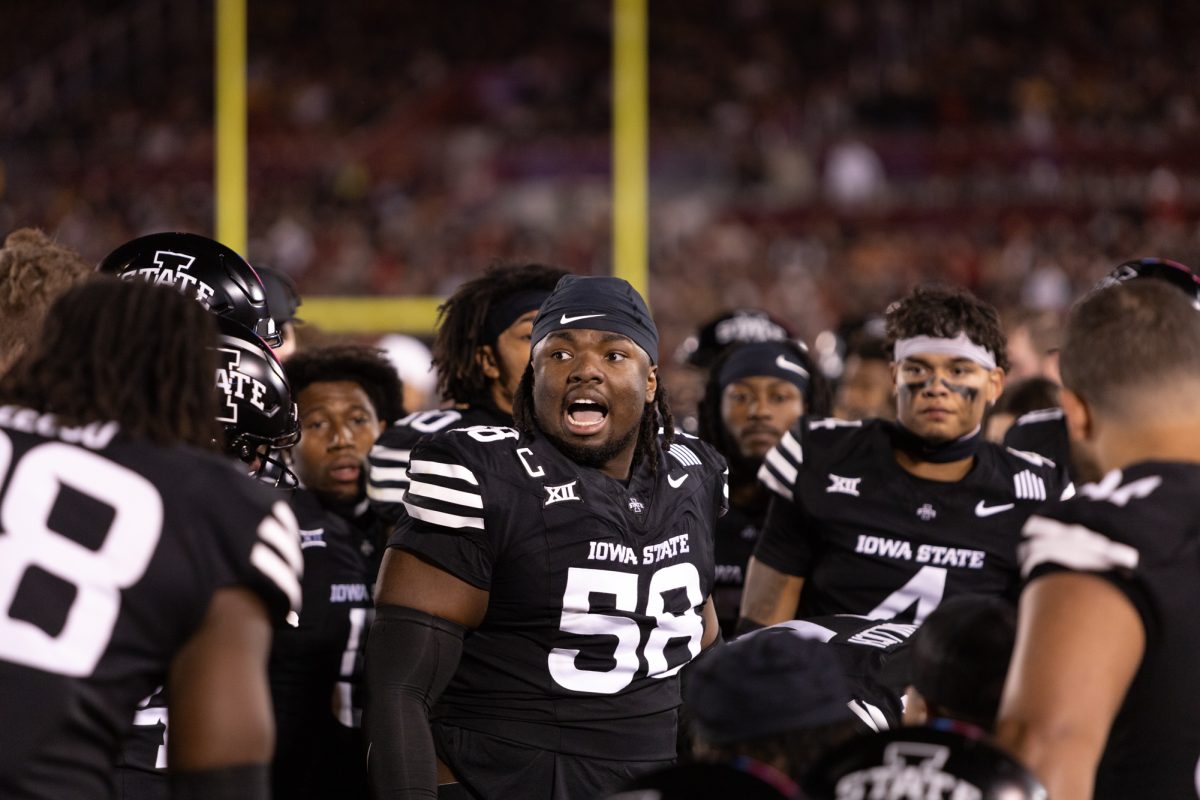 J.R. Singleton (58) fires up the Iowa State Cyclones Defense during a time out against the University of Central Florida at Jack Trice Stadium, Ames, Iowa, Oct. 19, 2024.