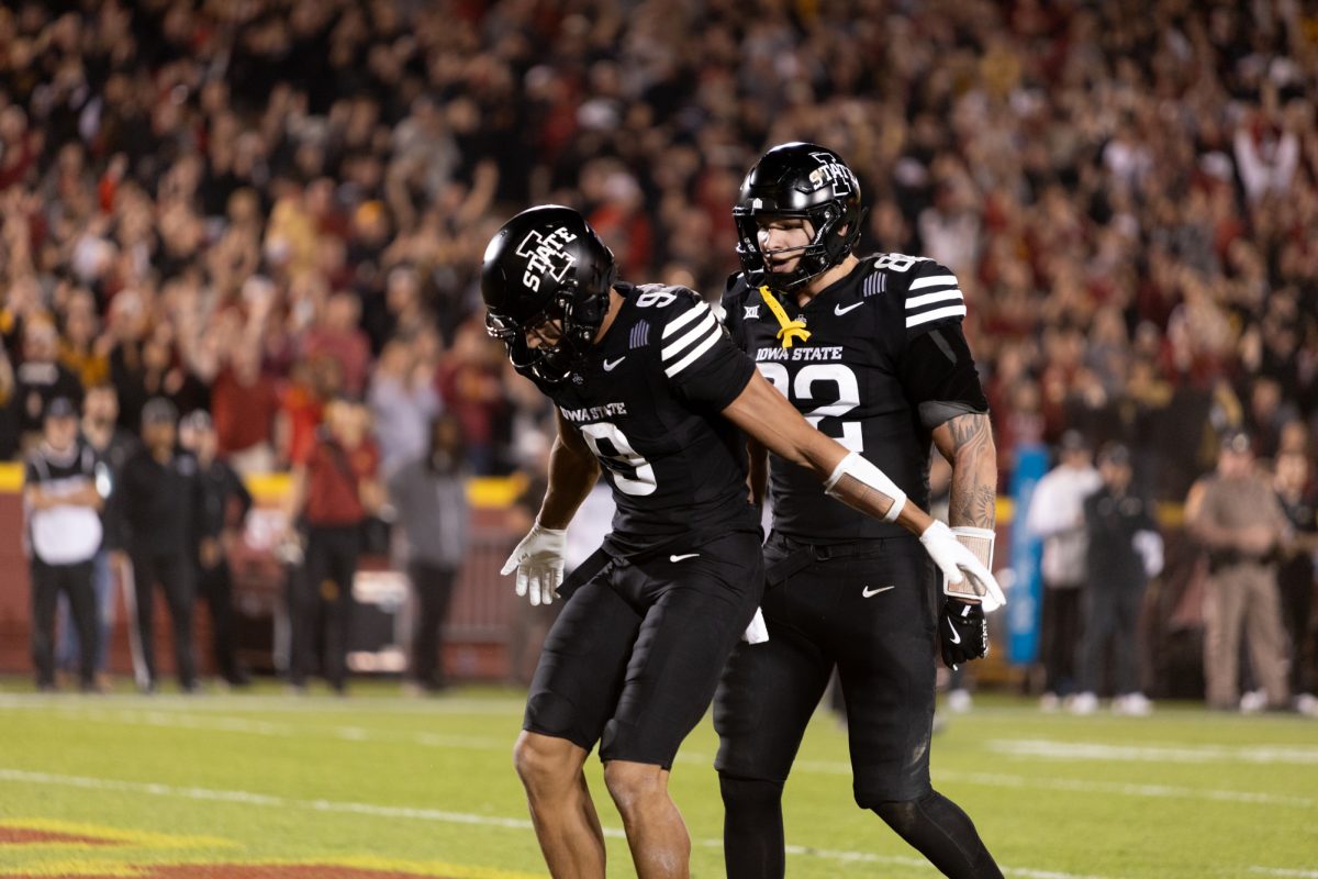 Jayden Higgins (9) celebrates scoring a touchdown early on in the game against the University of Central Florida at Jack Trice Stadium, Ames, Iowa, Oct. 19, 2024.