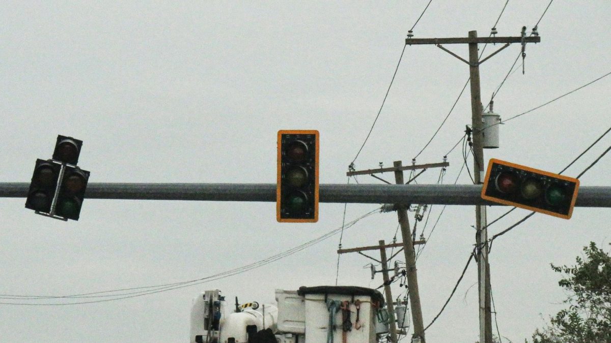 Damaged traffic lights following Hurricane Milton in Tampa, Florida. 