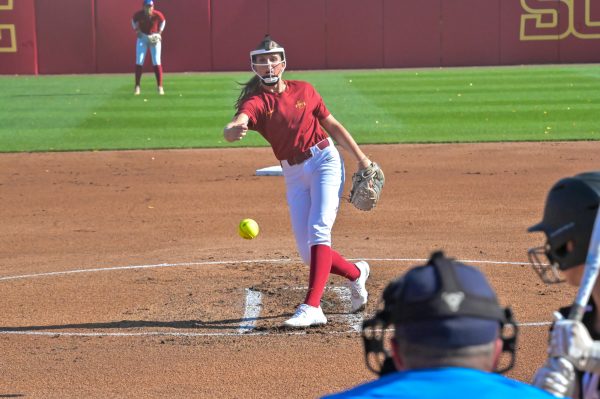 Iowa State Softball player Abby Huhn (4) throws a pitch during the first inning against Kirkwood at the Cyclone Sports Complex, Oct. 2, 2024.