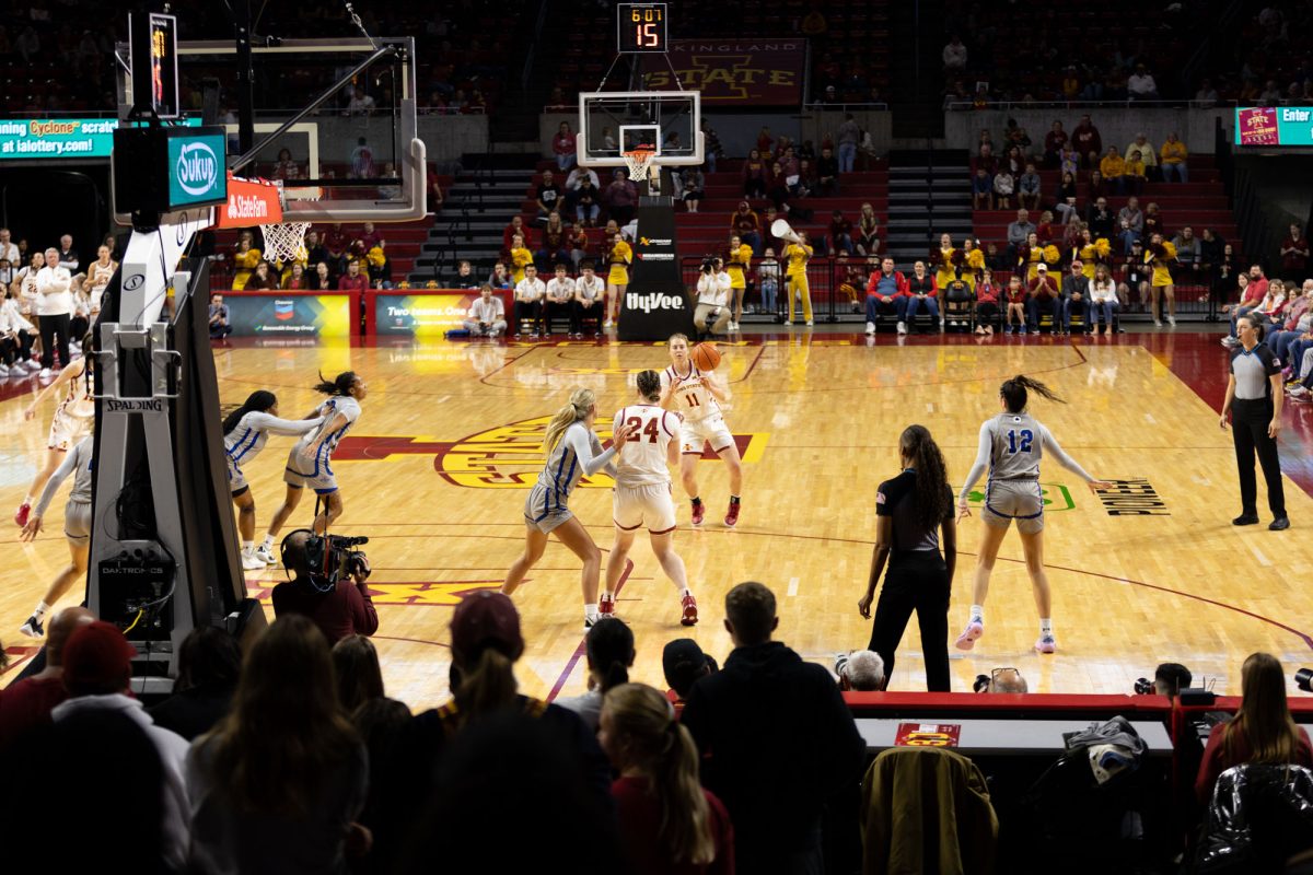 Emily Ryan (11) passes the ball to Addy Brown (24) at the Iowa State vs. Indiana State University game at Hilton Coliseum, Ames, Iowa, Nov. 7, 2024. 