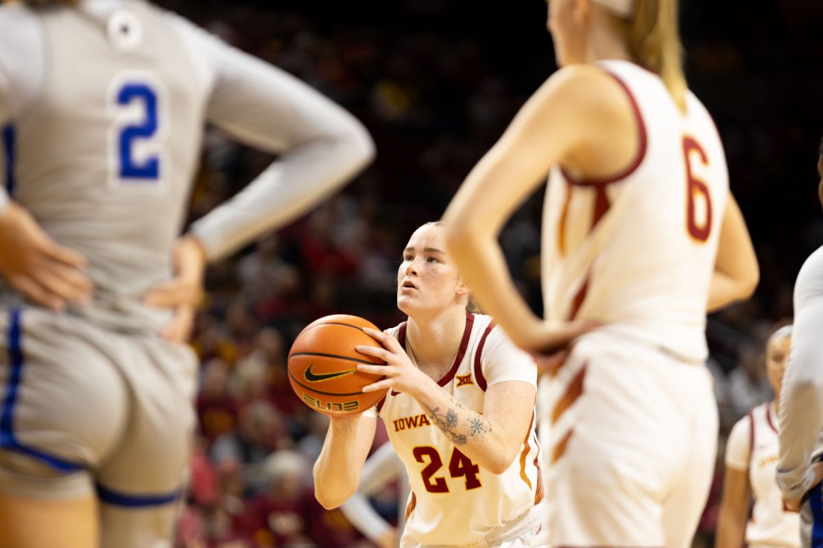 Addy Brown (24) takes a free throw after being fouled at the Iowa State vs. Indiana State University game at Hilton Coliseum, Ames, Iowa, Nov. 7, 2024. 