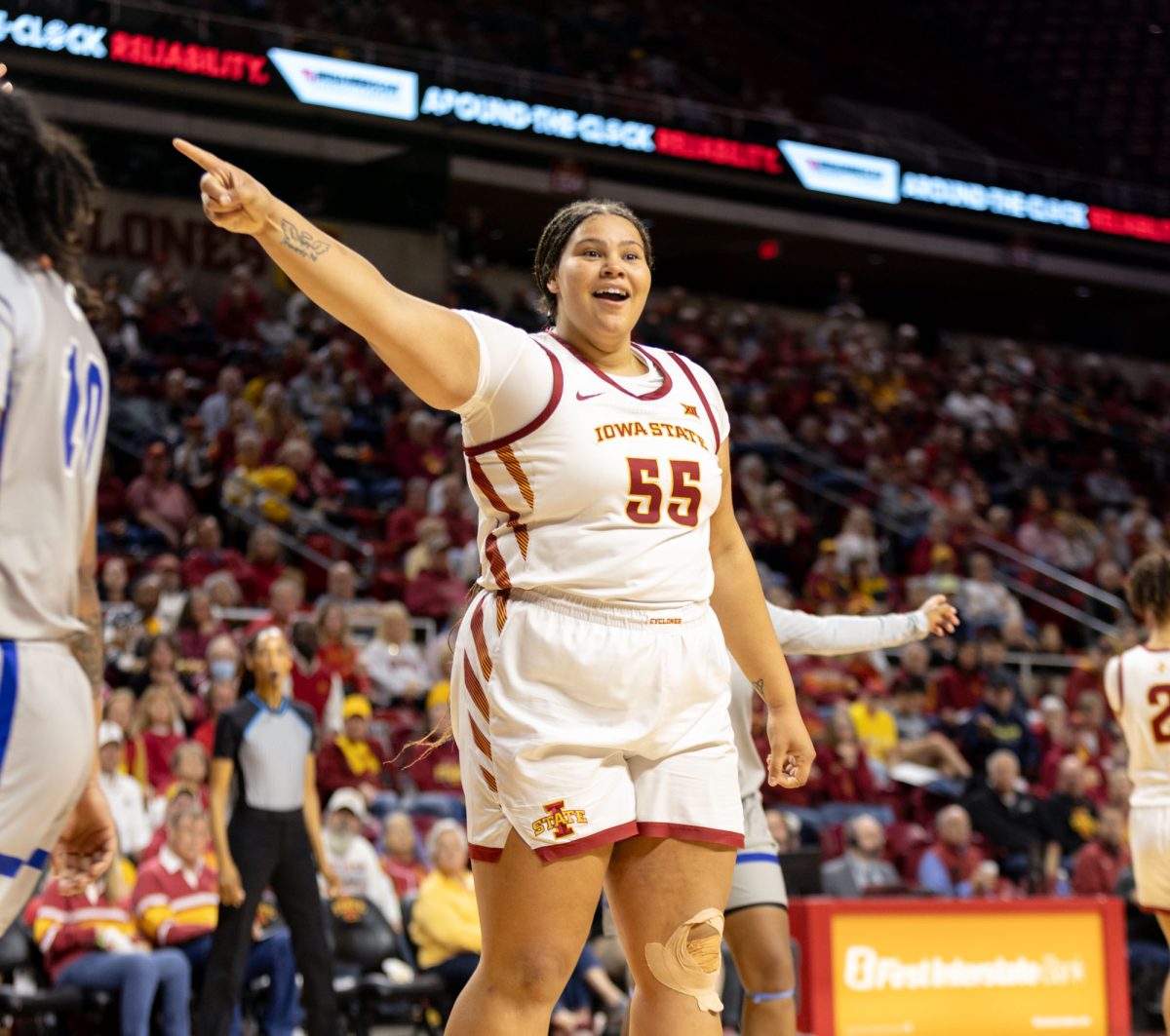 Audi Crooks (55) points the direction of who should posses the ball at the Iowa State vs. Indiana State University game at Hilton Coliseum, Ames, Iowa, Nov. 7, 2024. 