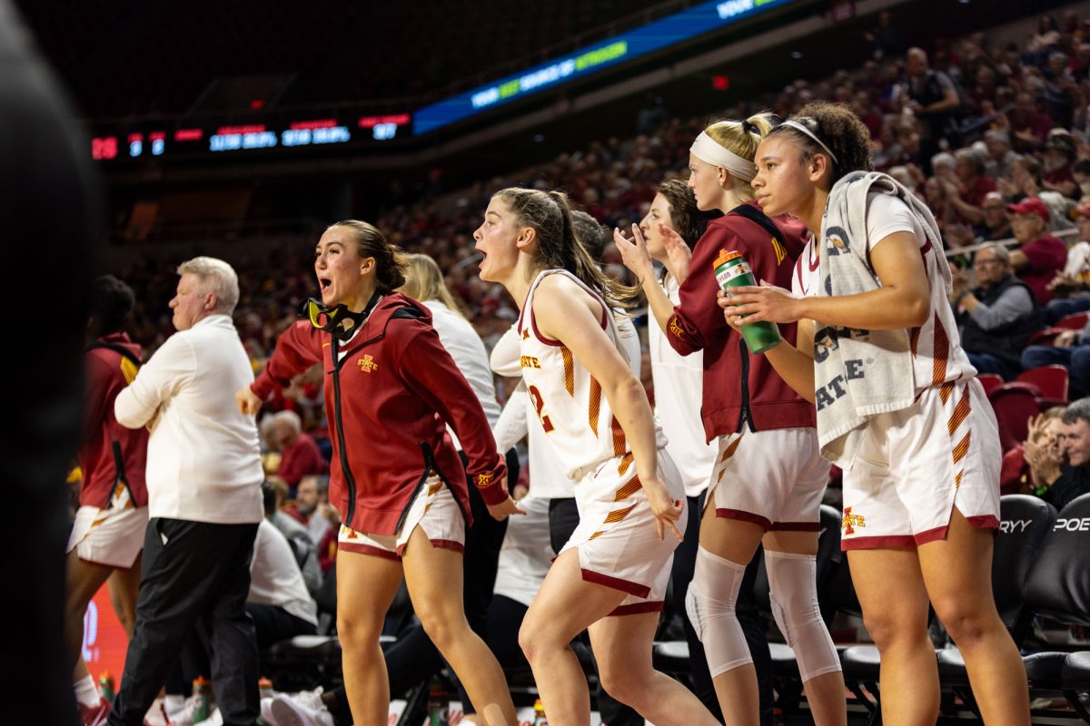 Iowa State bench cheers on their teammates at the Iowa State vs. Indiana State University game at Hilton Coliseum, Ames, Iowa, Nov. 7, 2024. 