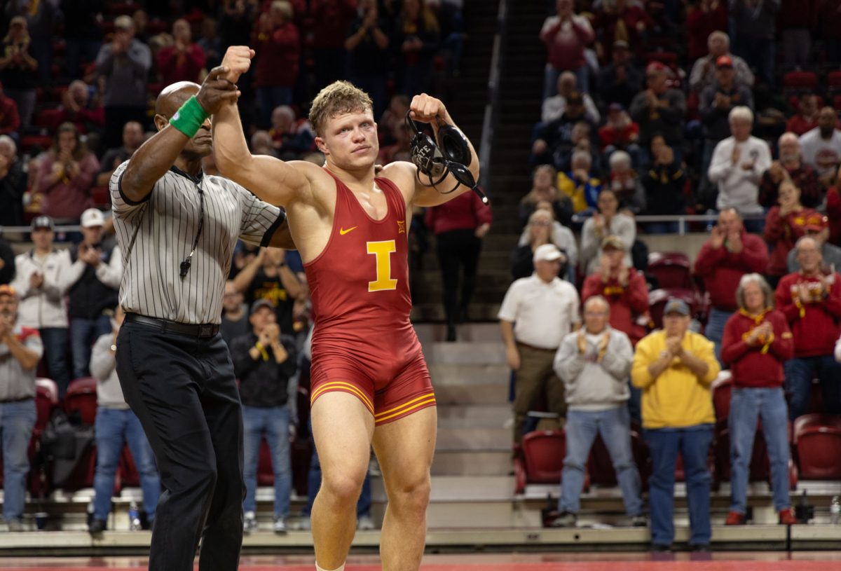 Evan Bockman wins his match at the Iowa State vs. Navy wrestling meet, Hilton Coliseum, Ames, Iowa, Nov. 15, 2024.