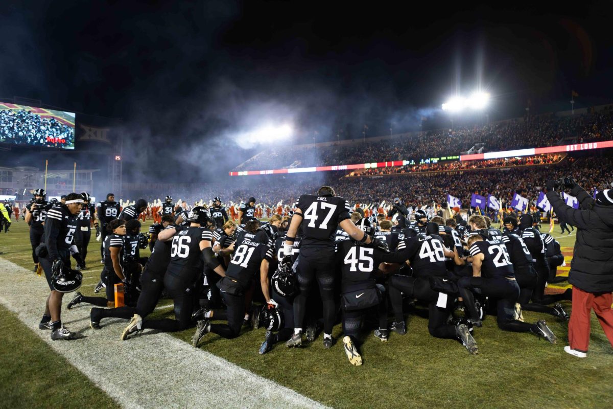 The Iowa State football team before the Iowa State vs. Kansas State University football game at Jack Trice Stadium on Nov. 30, 2024 in Ames, Iowa.