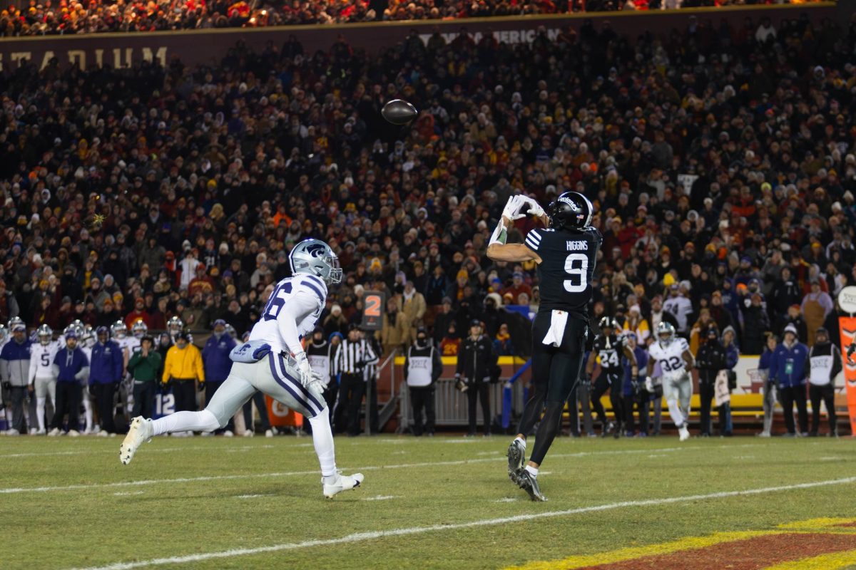 Wide Receiver Jayden Higgins (9) catches a pass during the Iowa State vs. Kansas State University football game at Jack Trice Stadium on Nov. 30, 2024 in Ames, Iowa.