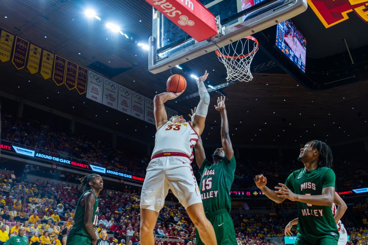 Brandton Chatfield (33) goes up for a shot in the paint during the Iowa State vs. Mississippi Valley State University basketball game at Hilton Coliseum on Nov. 4, 2024.