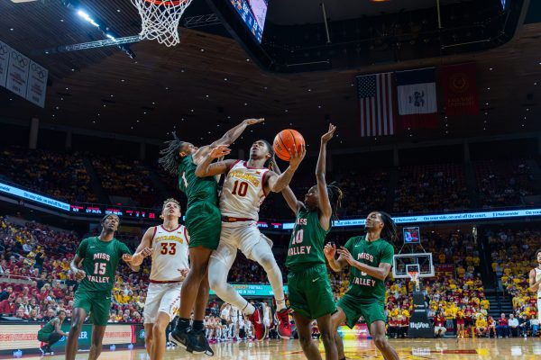 Keshon Gilbert (10) goes up to finish a layup during the Iowa State vs. Mississippi Valley State University basketball game at Hilton Coliseum on Nov. 4, 2024.