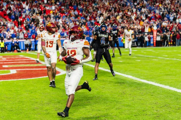 Jaylon Jackson (12) scores a touchdown during the Iowa State vs. University of Kansas football game at Arrowhead Stadium in Kansas City, MO on Nov. 9, 2024.