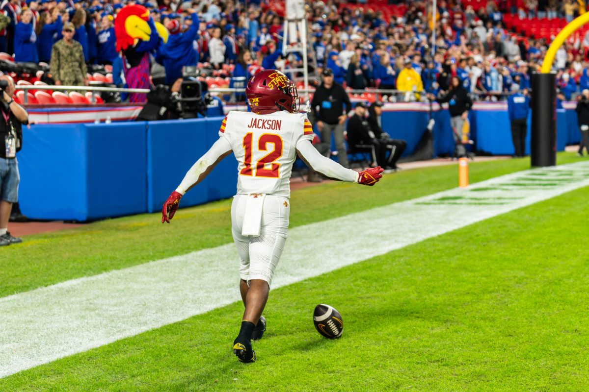 Jaylon Jackson (12) celebrates after a touchdown during the Iowa State vs. University of Kansas football game at Arrowhead Stadium in Kansas City, MO on Nov. 9, 2024.