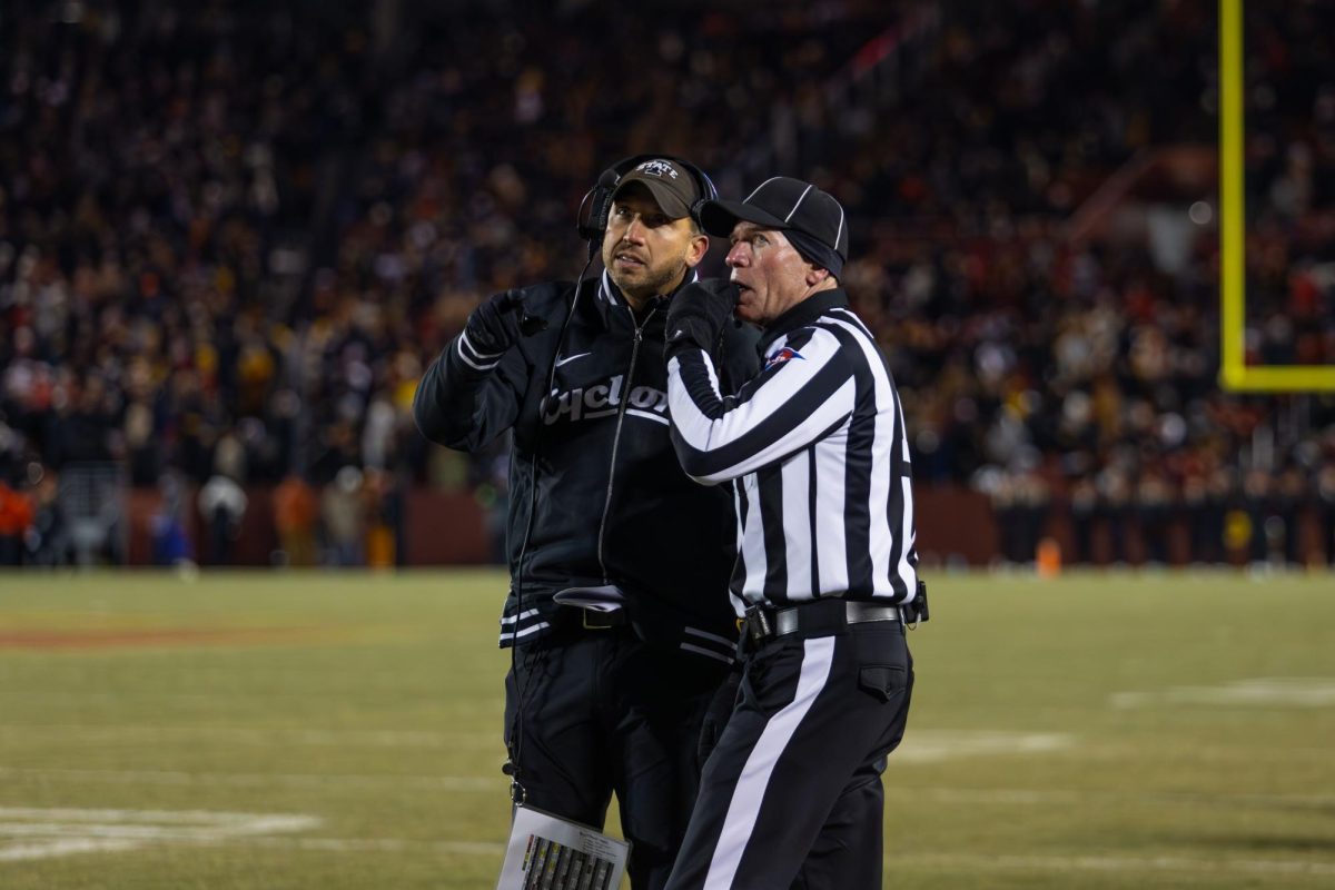 Iowa State Football Head Coach Matt Campbell chats with the ref during the Iowa State vs. Kansas State University football game at Jack Trice Stadium on Nov. 30, 2024 in Ames, Iowa.