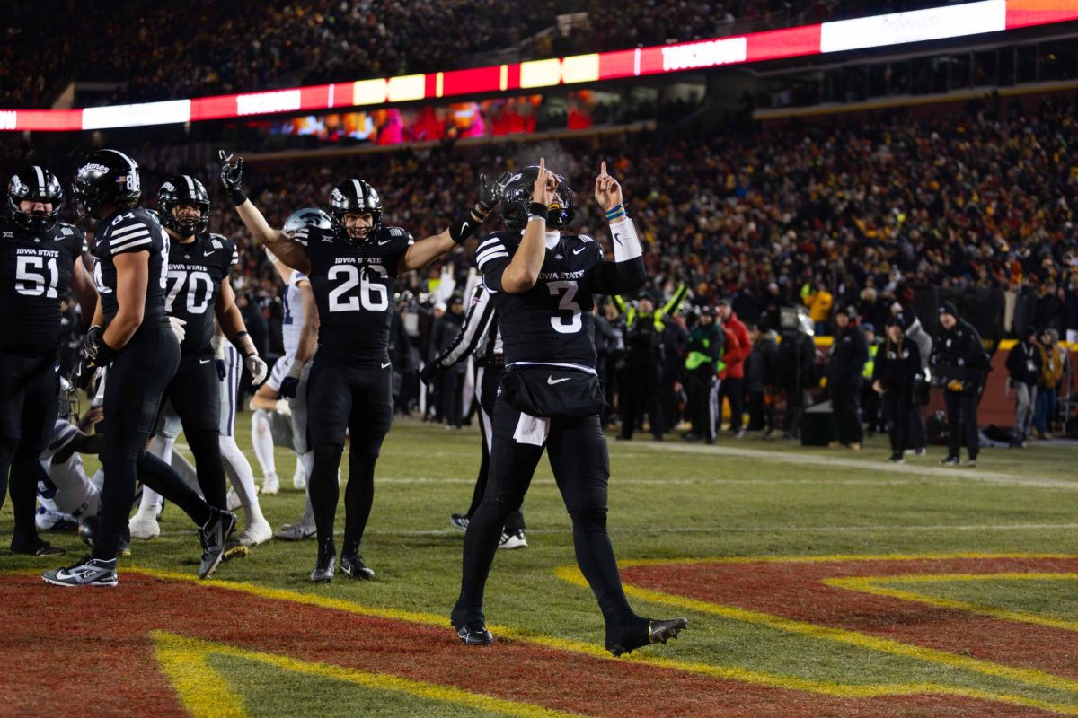 Quarterback Rocco Becht (3) after he scores a touchdown during the Iowa State vs. Kansas State University football game at Jack Trice Stadium on Nov. 30, 2024 in Ames, Iowa.