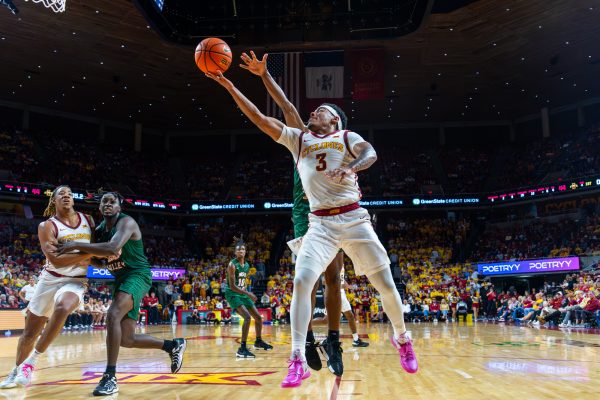 Tamin Lipsey (3) goes up with the basketball during the Iowa State vs. Mississippi Valley State University basketball game at Hilton Coliseum on Nov. 4, 2024.