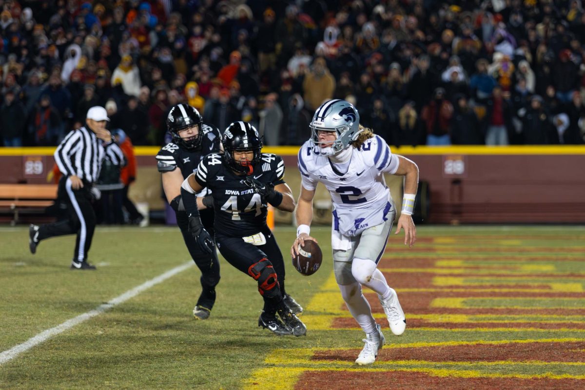 Linebacker Jacob Ellis (44) forces an intentional grounding call in the end zone resulting in a safety during the Iowa State vs. Kansas State University football game at Jack Trice Stadium on Nov. 30, 2024 in Ames, Iowa.