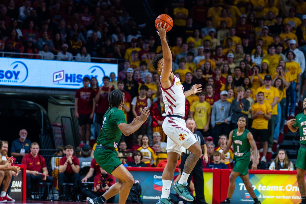 Joshua Jefferson (2) steals a pass during the Iowa State vs. Mississippi Valley State University basketball game at Hilton Coliseum on Nov. 4, 2024.