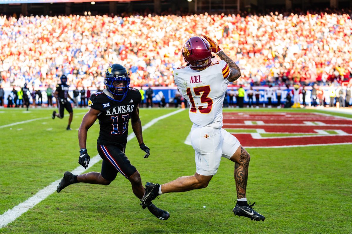 Jaylin Noel (13) catches a pass during the Iowa State vs. University of Kansas football game at Arrowhead Stadium in Kansas City, MO on Nov. 9, 2024.