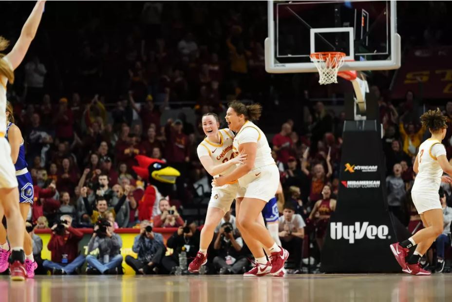 Audi Crooks (#55) and Addy Brown (#24) celebrate Iowa State's win over Drake on Nov. 11, 2024 // Photo provided by Iowa State Athletics