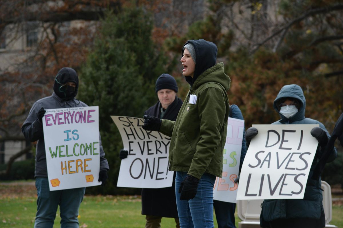 Sylvera Dudenhoefer speaks out against anti-DEI legislation outside Parks Library, Iowa State University, Ames, Iowa, Nov. 20, 2024.