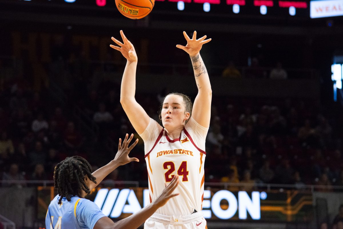 Addy Brown (24) passes the ball during the game vs. Southern University, Hilton Coliseum, Ames, Iowa, Nov. 10, 2024.