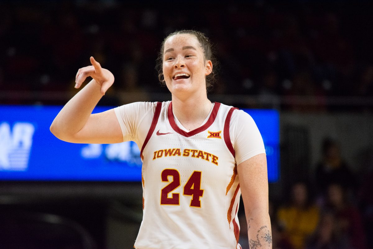 Addy Brown (24) jokes with a teammate during the game vs. Southern University, Hilton Coliseum, Ames, Iowa, Nov. 10, 2024.