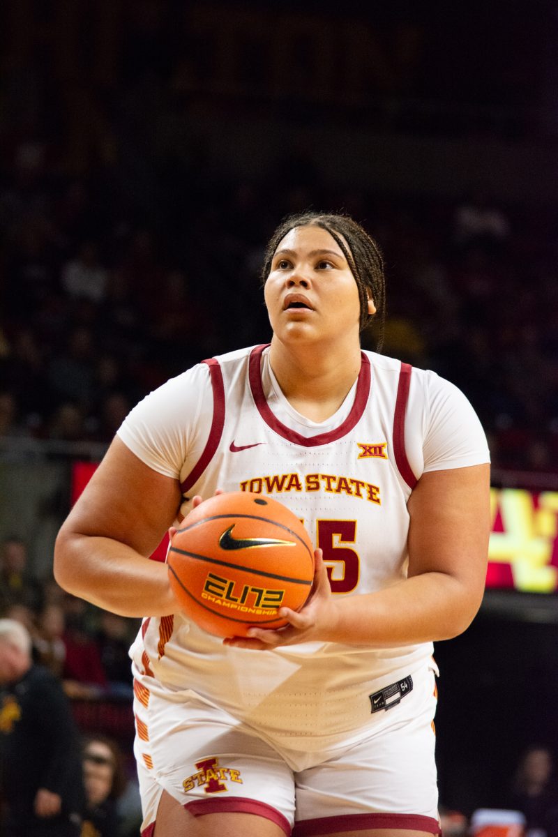 Audi Crooks (55) shoots the ball during a free-throw attempt during the game vs. Southern University, Hilton Coliseum, Ames, Iowa, Nov. 10, 2024.