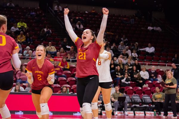 Paula Krzeslak (21) celebrates scoring a point during the game vs. University of Colorado, Hilton Coliseum, Ames, Iowa, Nov. 13, 2024.