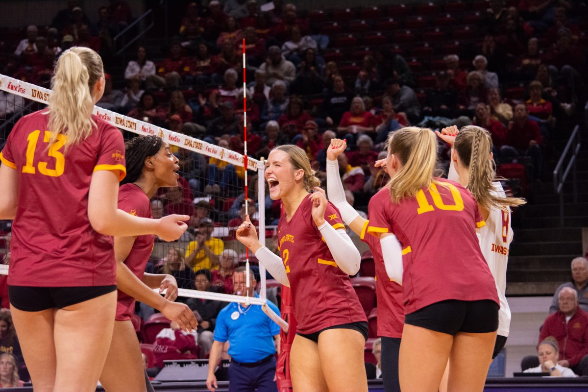 The team celebrates after scoring a point during the game vs. University of Colorado, Hilton Coliseum, Ames, Iowa, Nov. 13, 2024.