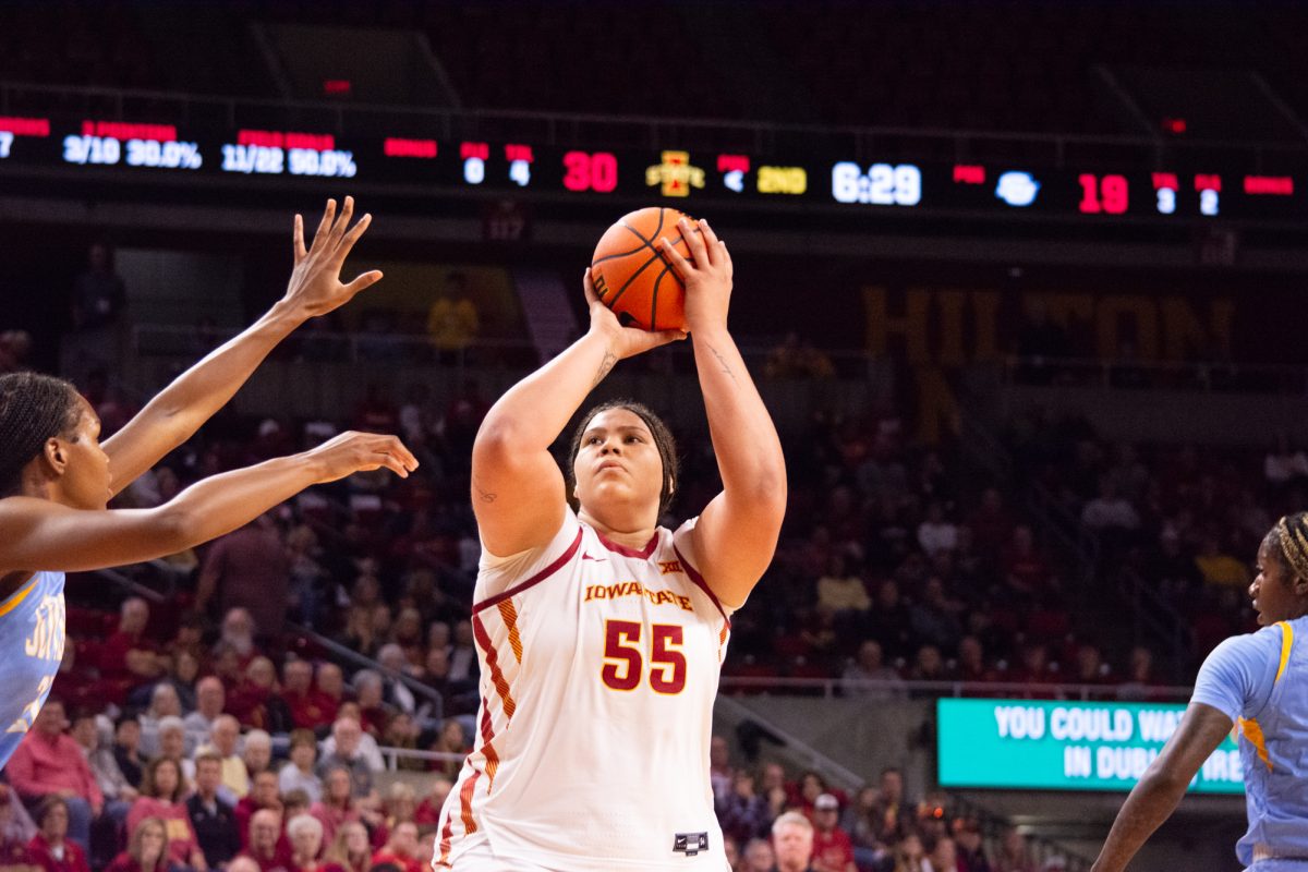 Audi Crooks (55) shoots the ball during the game vs. Southern University, Hilton Coliseum, Ames, Iowa, Nov. 10, 2024.