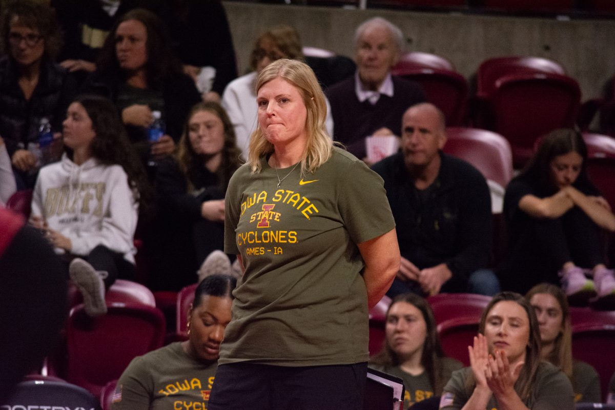 Head Coach Christy Johnson-Lynch watches from the sideline during the game vs. University of Colorado, Hilton Coliseum, Ames, Iowa, Nov. 13, 2024.