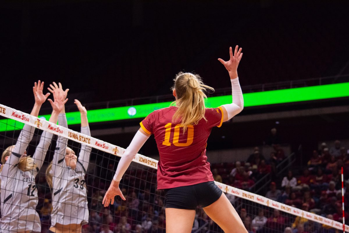 Rachel Van Gorp (10) prepares to spike the ball during the game vs. University of Colorado, Hilton Coliseum, Ames, Iowa, Nov. 13, 2024.