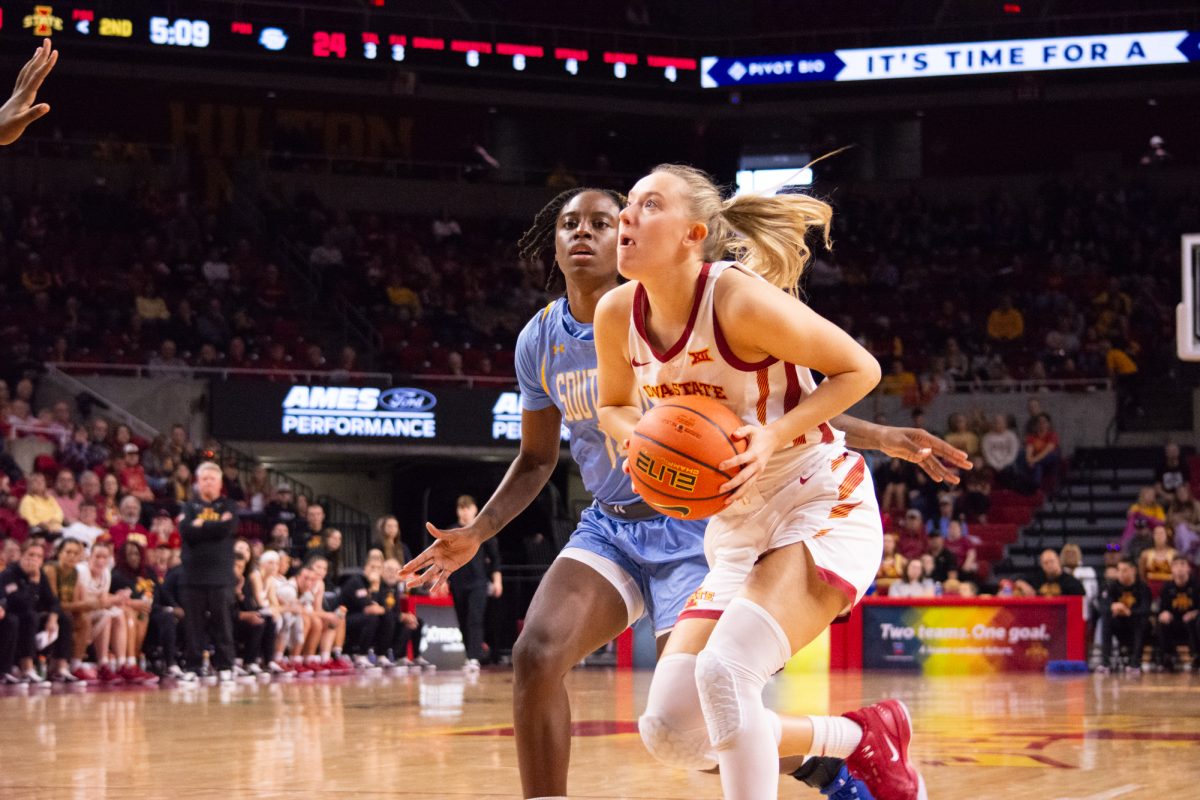 Kelsey Joens (23) moves toward the hoop to score during the game vs. Southern University, Hilton Coliseum, Ames, Iowa, Nov. 10, 2024.