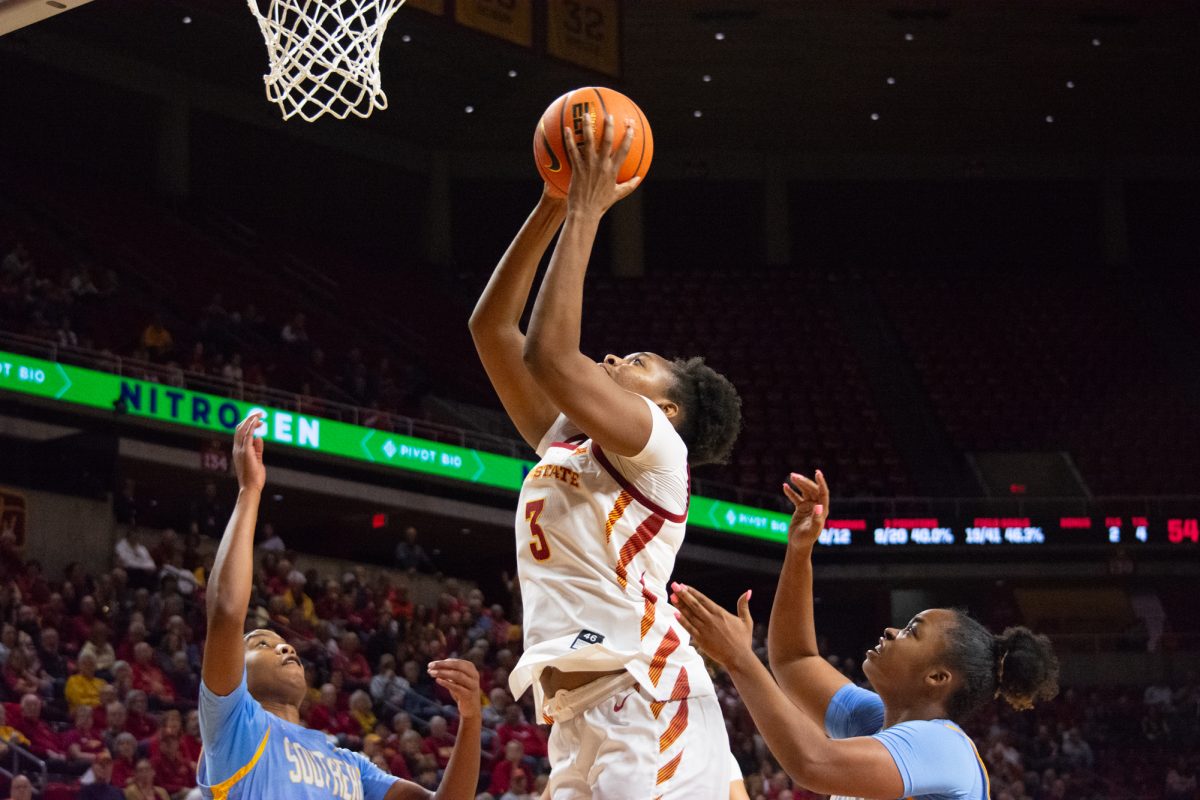 Alisa Williams (3) puts the ball up to score during the game vs. Southern University, Hilton Coliseum, Ames, Iowa, Nov. 10, 2024.