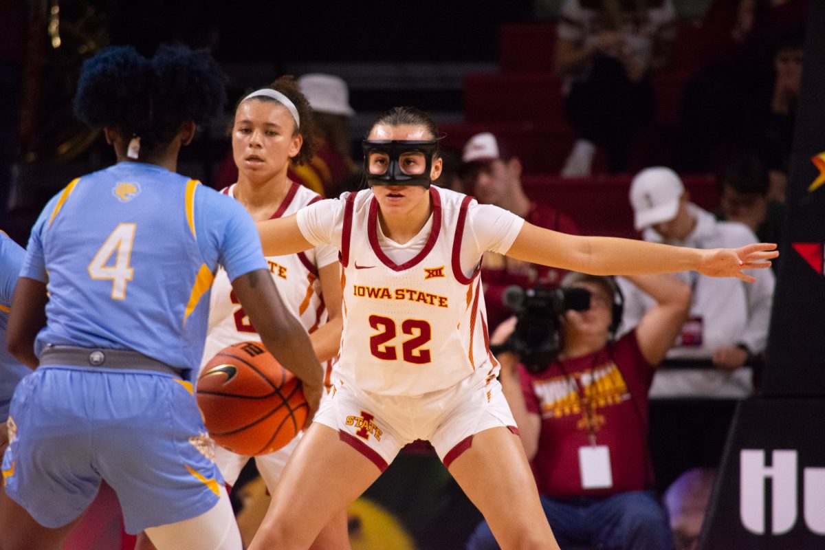 Reagan Wilson (22) guards DaKiyah Sanders (4) during the game vs. Southern University, Hilton Coliseum, Ames, Iowa, Nov. 10, 2024.