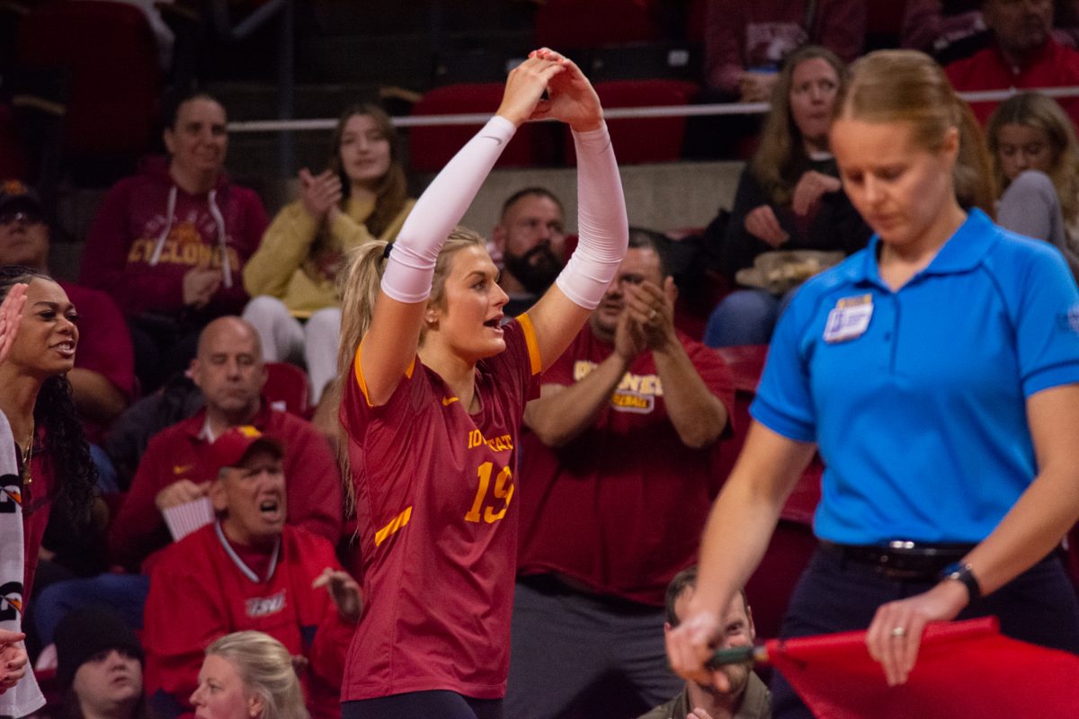 Faith DeRonde (19) celebrates scoring a point during the game vs. University of Colorado, Hilton Coliseum, Ames, Iowa, Nov. 13, 2024.