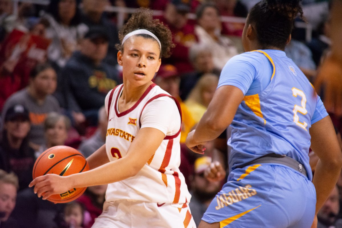 Arianna Jackson (2) looks to dribble the ball around Aleighyah Fontenot (2) during the game vs. Southern University, Hilton Coliseum, Ames, Iowa, Nov. 10, 2024.