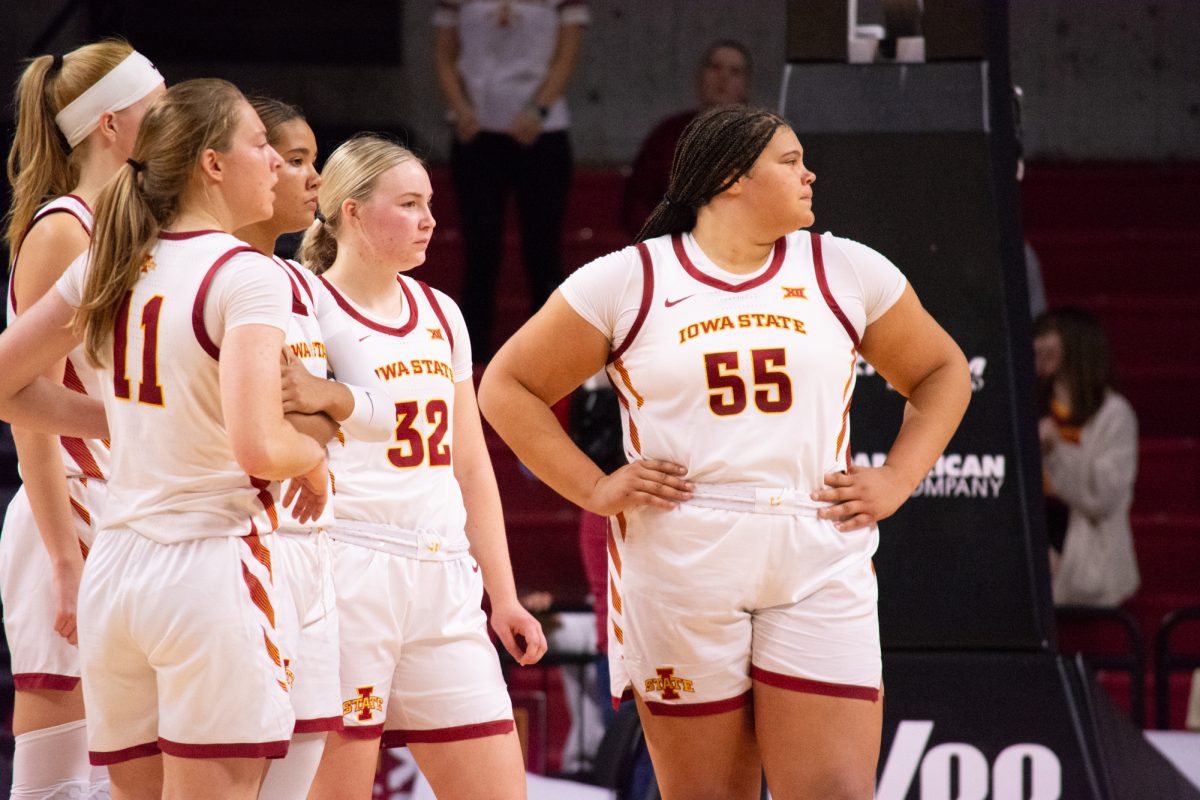 The team huddles during a timeout during the game vs. Southern University, Hilton Coliseum, Ames, Iowa, Nov. 10, 2024.