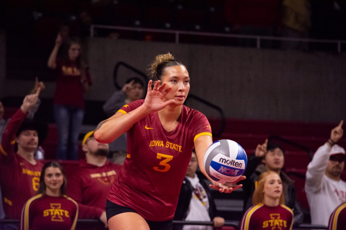 Tierney Jackson (3) serves the ball during the game vs. University of Colorado, Hilton Coliseum, Ames, Iowa, Nov. 13, 2024.