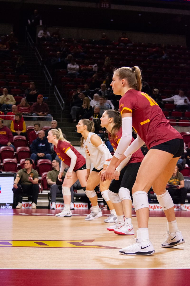 The team waits for Colorado to serve the ball during the game vs. University of Colorado, Hilton Coliseum, Ames, Iowa, Nov. 13, 2024.