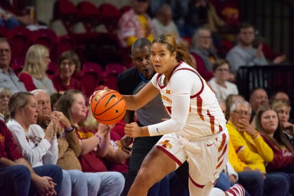 Sydney Harris (25) dribbles the ball down the court during the game vs. Southern University, Hilton Coliseum, Ames, Iowa, Nov. 10, 2024.